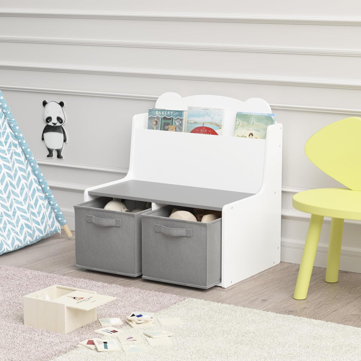 Kids Bookshelf with Chalkboard Side, Bear-Shaped Wooden 3-Tier | Bear-shaped wooden bookcase with 3-tier open shelves and a chalkboard side for drawing; sturdy, kid-safe rounded corners