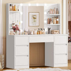 FIONESO Vanity Desk with Mirror and Lights, White | Makeup Vanity with 3 Colors LED Lights, White Vanity with 7 Drawers , 6 Shelves & 5 Jewel Hooks, Girls Vanity for Bedroom