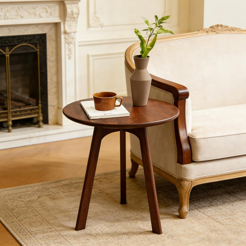 Walnut Small Round Side Table, Solid Oak Wood End Table with 3-Leg Design for Living Room, Bedroom & Office – Walnut Finish, Space-Saving Accent Table