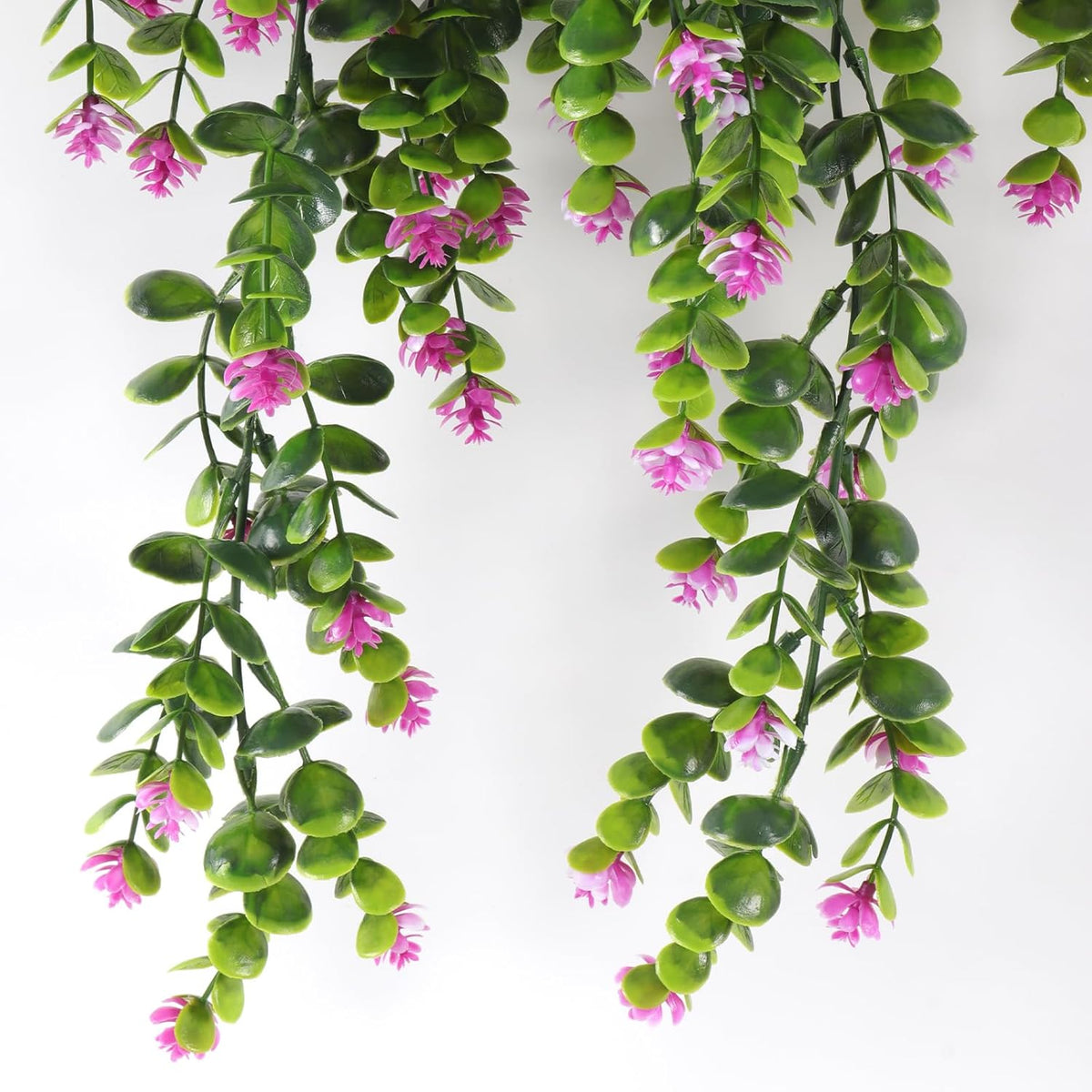 RECUTMS 4Pcs Fake Eucalyptus Leaves with Flowers Plastic Ivy Greenery Leaf Artificial Hanging Plants for Home Garden Wall Bedroom Office Wedding Decor Fuchsia
