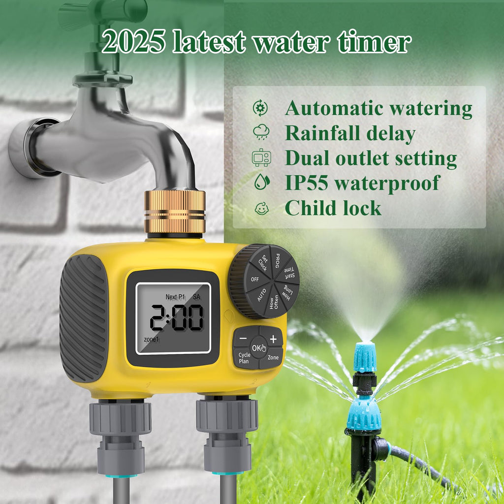 TRJZWA 150FT Drip Irrigation System Kit with 2 Zone Water Timer for Garden