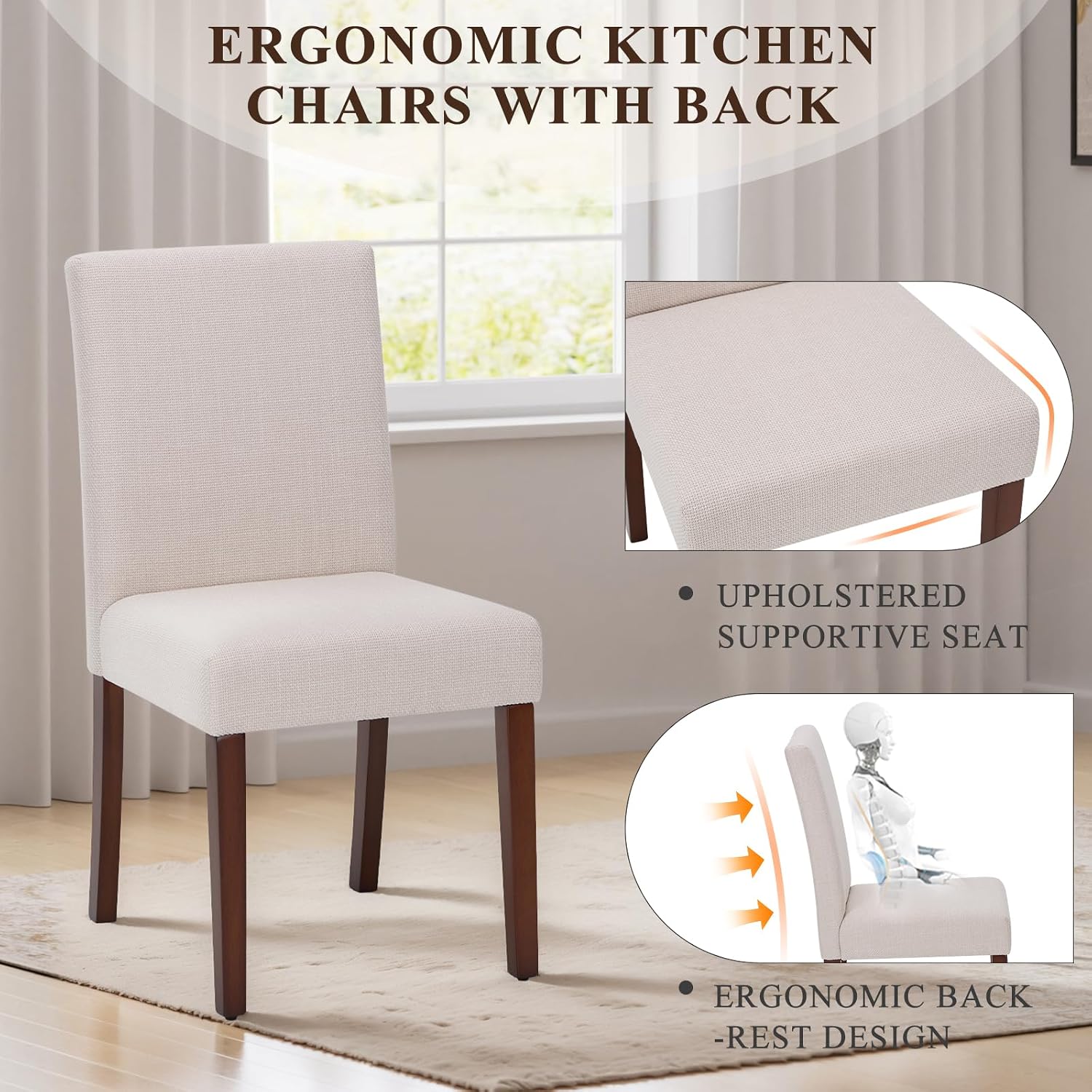 MALOL Upholstered Dining Chairs Set of 2, Fabric Dining Room Chairs, Modern Wooden Dining Chair, Kitchen Side Chairs, Farmhouse Dinner Chair with High Back for Kitchen, Beige