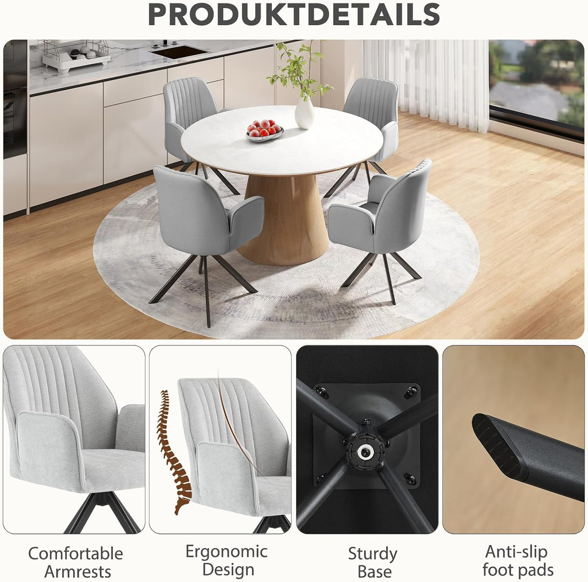 Furniliving 360° Swivel Dining Chairs Set of 2, Modern Upholstered Dining Room Chairs with Thicken Cushion, Style Chair with Arms Swivel Kitchen Chairs for Living Room, Restaurant, Chenille, LightGrey
