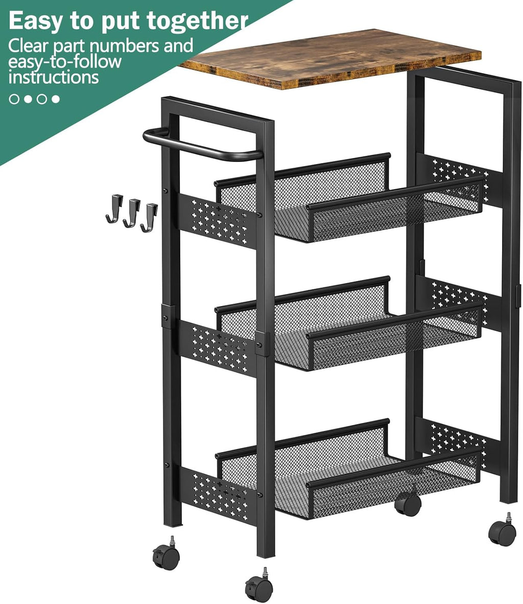 Vivihomety 4-Tier Laundry Utility Rolling Cart with Wheels, Metal | Narrow 8.1" wide, lockable wheels, wood top panel, metal frame, for laundry room, small spaces, pantry, tight gaps, Black