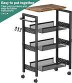 Vivihomety 4-Tier Laundry Utility Rolling Cart with Wheels, Metal | Narrow 8.1" wide, lockable wheels, wood top panel, metal frame, for laundry room, small spaces, pantry, tight gaps, Black