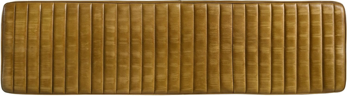 Pemberly Row Leather Upholstered Cushion Bench, 54"W x 15"D x 19"H, Camel Goat Leather, Black Metal Legs, Channel Tufted Design, Modern Farmhouse Style, Comfortable Seating for Dining Room or Bedroom