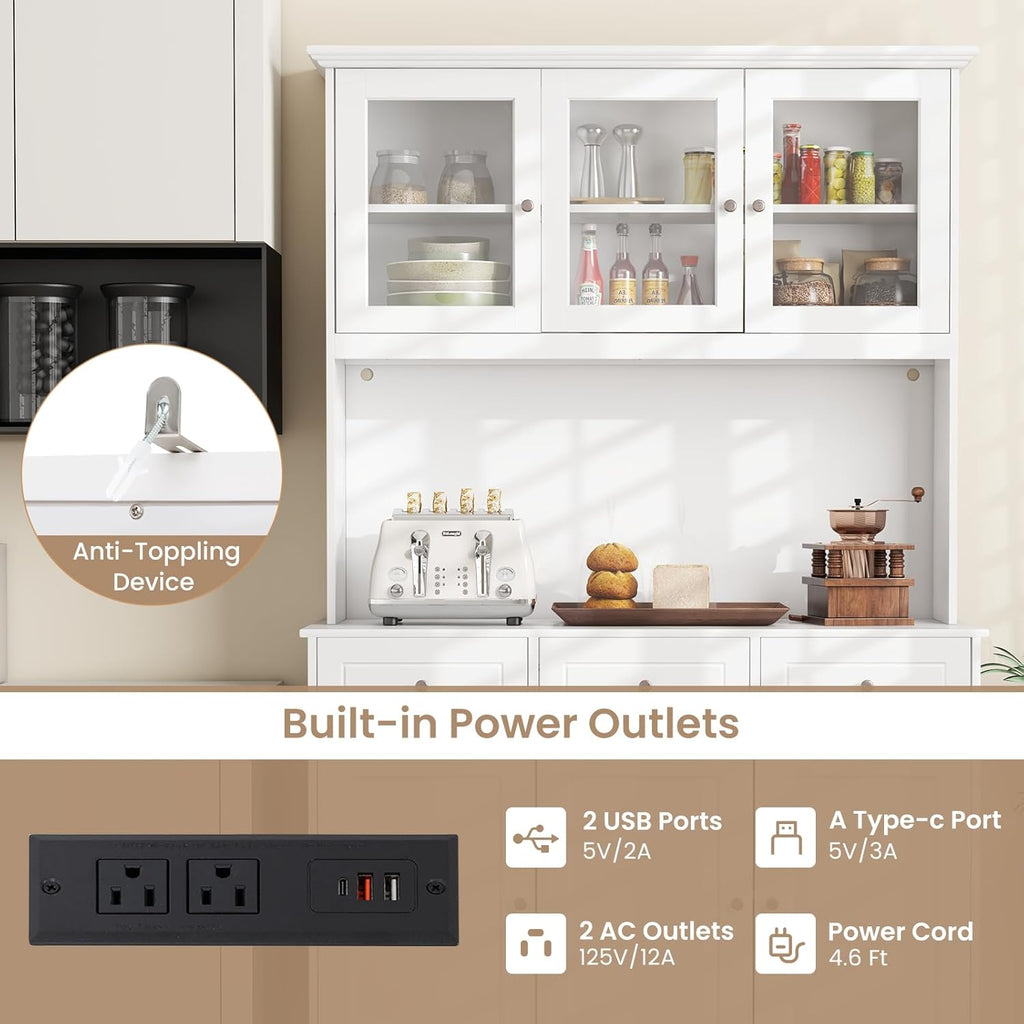 77" Large Kitchen Hutch with Charging Station, LED Pantry Cabinet with Microwave Shelf, Tall Cupboard with 4 Adjustable Shelves, 3 Drawers & Glass Doors, Dining Room Buffet with Hutch, White