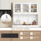 77" Large Kitchen Hutch with Charging Station, LED Pantry Cabinet with Microwave Shelf, Tall Cupboard with 4 Adjustable Shelves, 3 Drawers & Glass Doors, Dining Room Buffet with Hutch, White