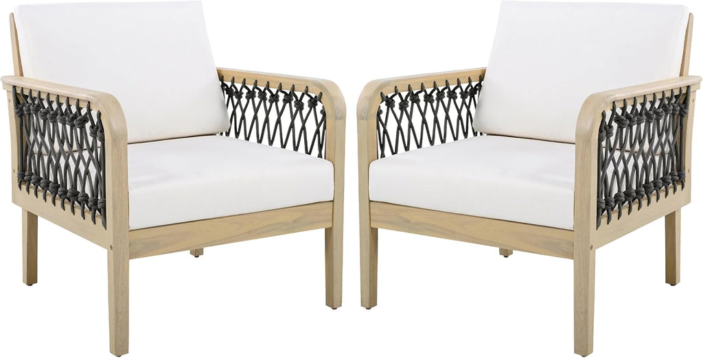 Outdoor Acacia Wood Club Chair with Handwoven Rope, Weather-Resistant, Set of 2, Light Teak Finish, 400 Lbs Capacity