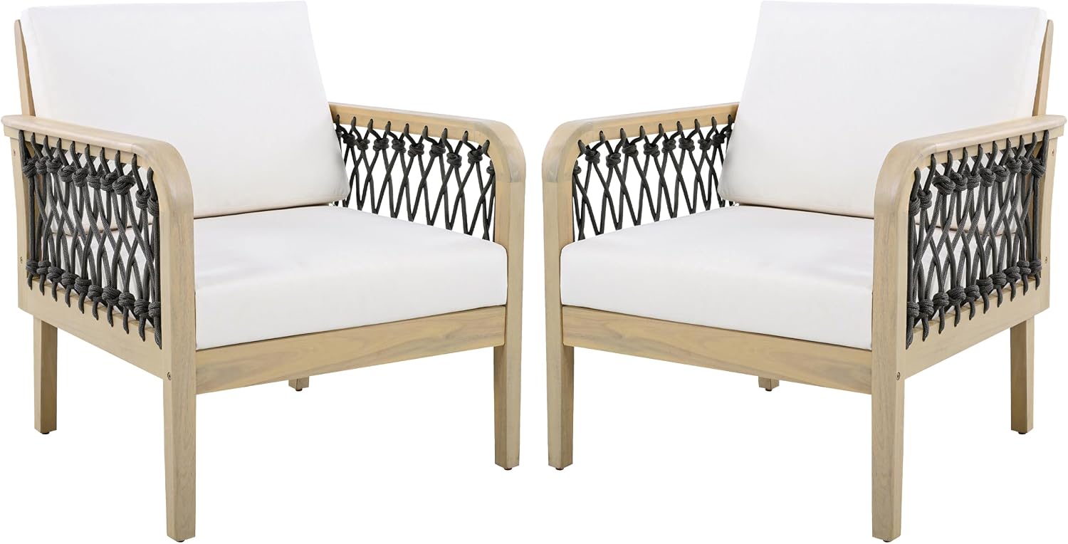 Outdoor Acacia Wood Club Chair with Handwoven Rope, Weather-Resistant, Set of 2, Light Teak Finish, 400 Lbs Capacity