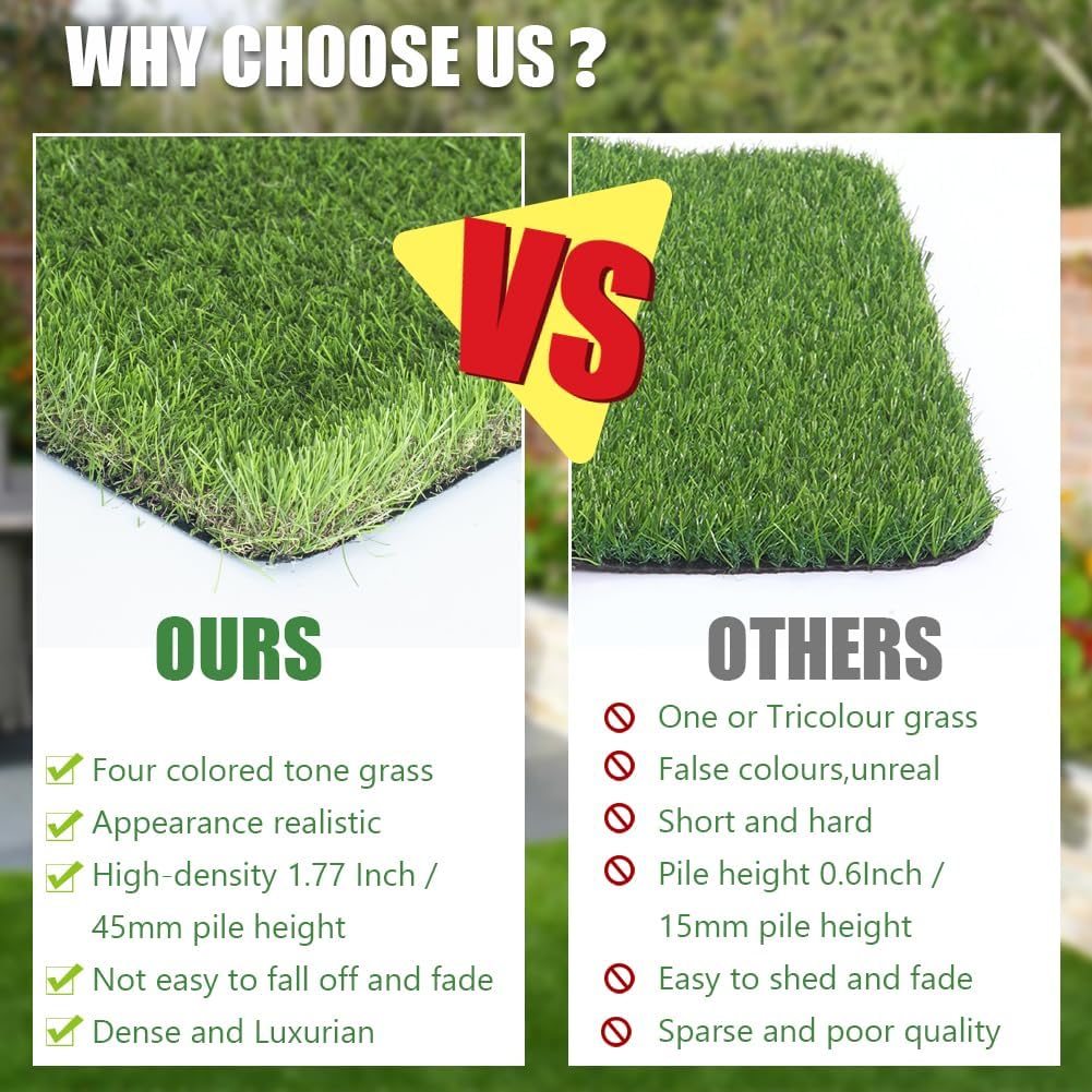 Petgrow Luxurious Artificial Grass Realistic Turf 4 X 73 Feet,1.57 Inch Pile Height Ultrathick Indoor/Outdoor Dog Fake Faux Grass,Synthetic Grass Rug Garden Landscape Patio,Drainage Holes