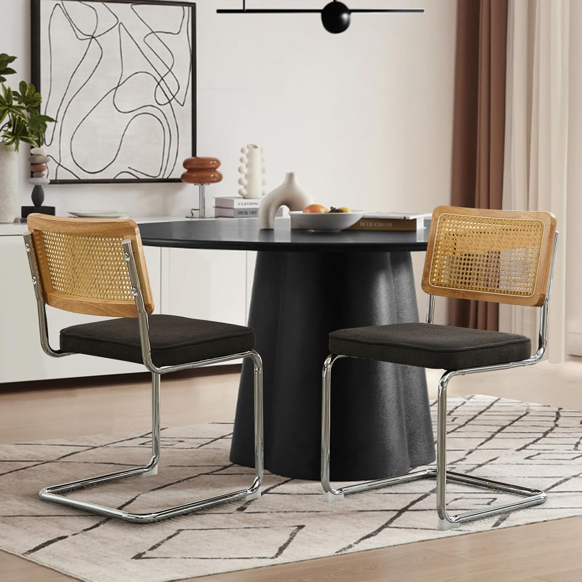 Rattan Dining Chairs Set of 4,Upholstered Mid-Century Modern Dining Room Chairs with Cane Backrest,Retro Linen Kitchen Chairs with Stainless Chrome Base,Black