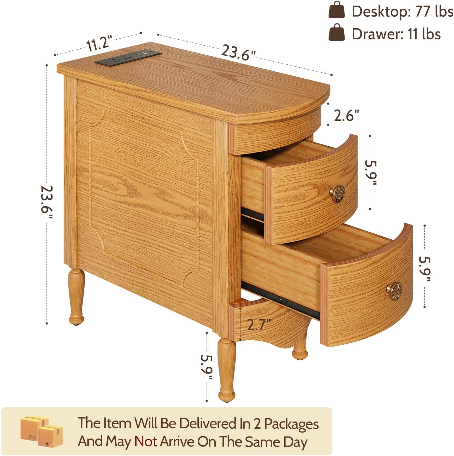 End Table Set of 2 with Charging Station, Narrow Side Table with 2 Drawer, Wood Sofa Side Table for Living Room, Vintage Slim Nightstand for Bedroom, Pre-Assembled (Light Walnut)