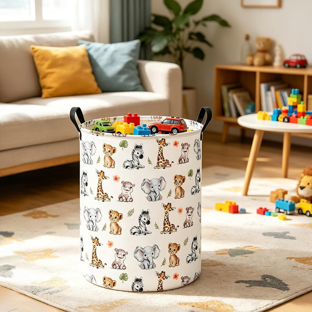 Round Jungle Wildlife Laundry Hamper, Cotton Canvas Storage Bin | Waterproof stain-resistant cotton canvas, reinforced hand grips, jungle wildlife print for bedroom, bath and dorm belongings