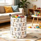 Round Jungle Wildlife Laundry Hamper, Cotton Canvas Storage Bin | Waterproof stain-resistant cotton canvas, reinforced hand grips, jungle wildlife print for bedroom, bath and dorm belongings