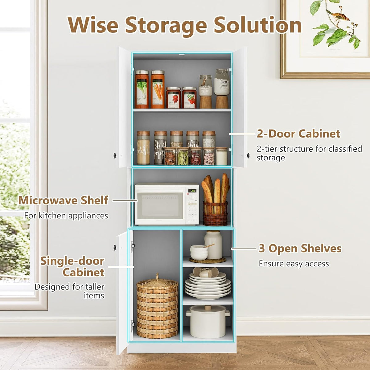 TANGZON Tall Kitchen Cupboard, 3-door Storage Cabinet with Countertop, Open Shelves & Anti-tipping Device, Freestanding Pantry Cupboard Kitchen Units for Dining Room Living Room, White
