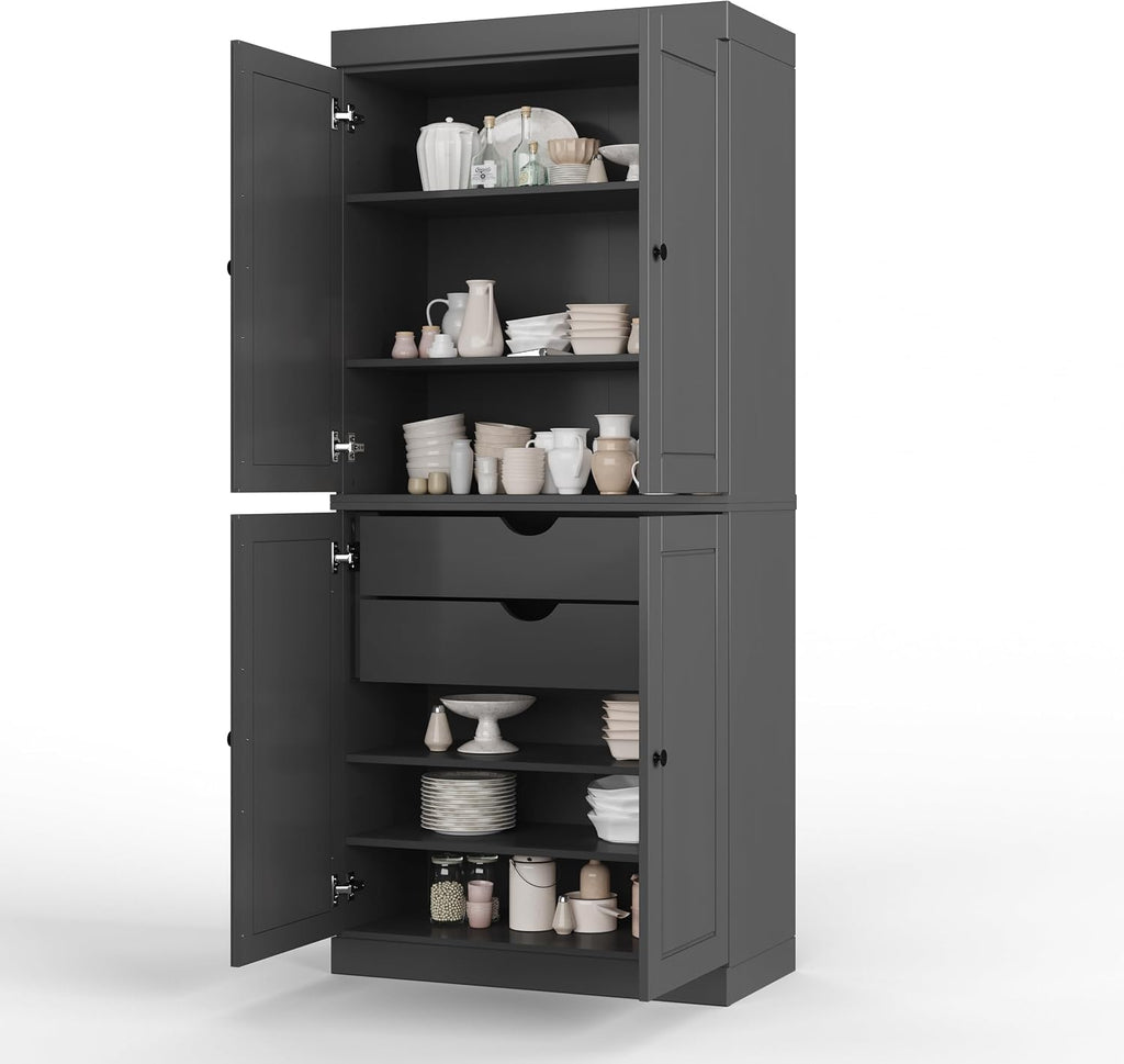 Palace Imports Solid Wood Kitchen Pantry - 71.5" H x 32" W Tall Storage Cabinet - with Adjustable Shelves & 2-Drawer Kit, Cupboard, Gray, 100% Renewable Eco-Friendly Wood, Made in Brazil