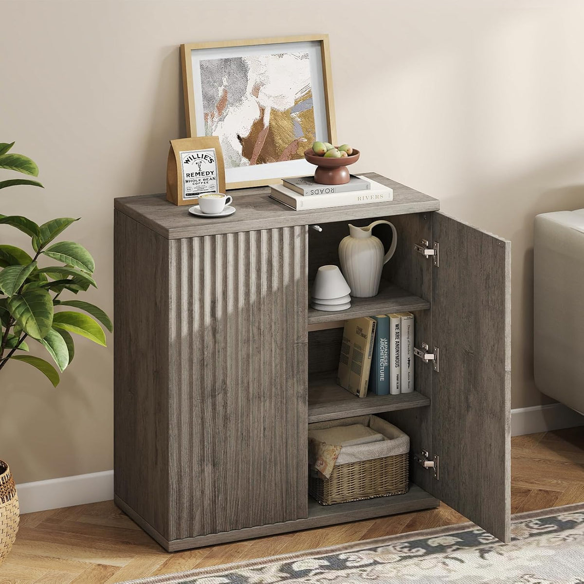Fluted Sideboard Buffet Cabinet with Storage, Wood Sideboard Cabinet with Doors, Small Credenza Buffets & Sideboards for Kitchen, Accent Cabinets for Entryway Living Room Hallway Home, Grey