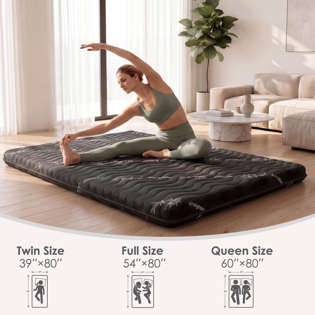 Japanese Floor Futon Mattress, 3.5" Thick Viscose Derived from Bamboo, Twin | Breathable Foldable Futon Mattress Tatami Mat, 100% High Density Foam, Roll Up Floor Bed for Guest Room Bedroom RV, Black