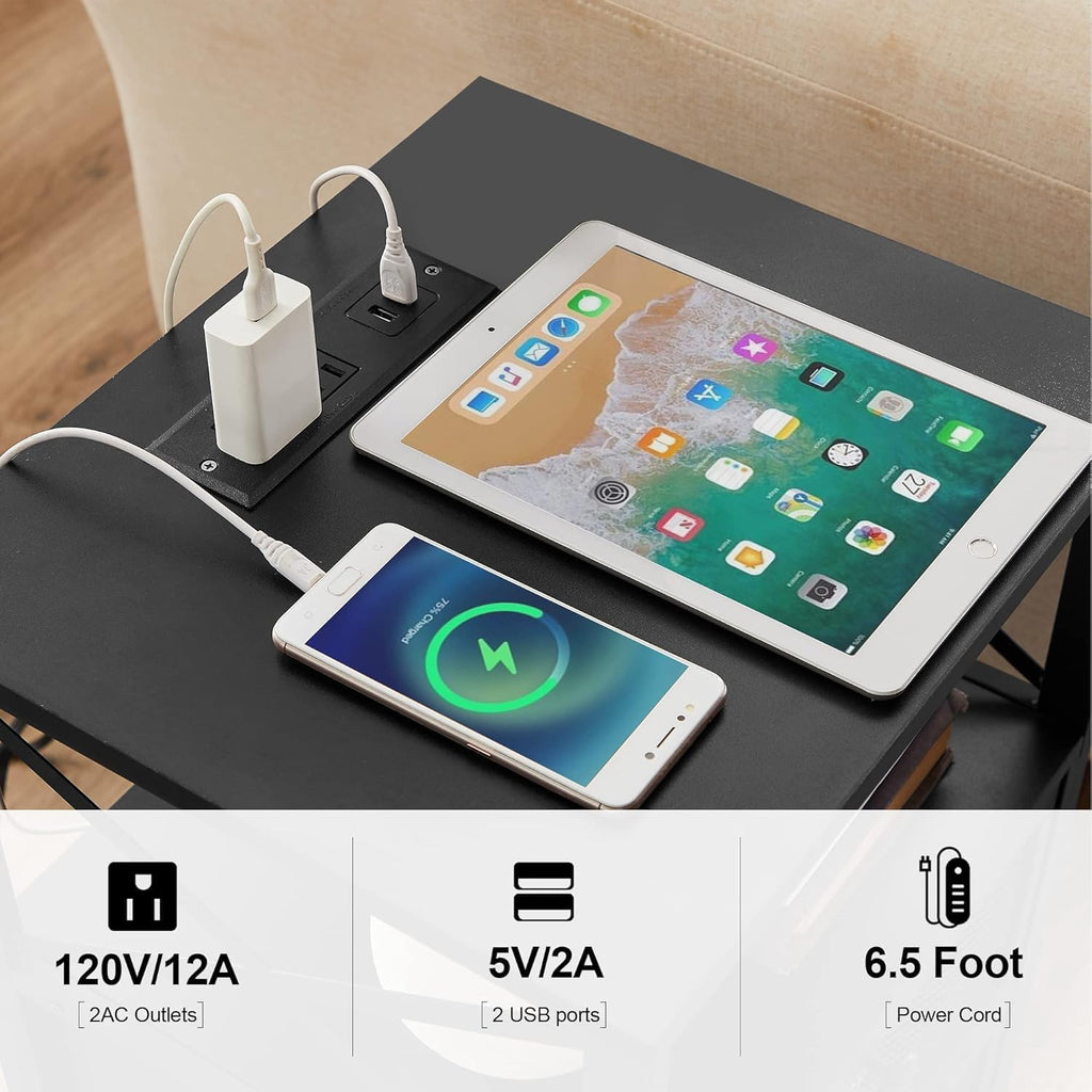 VECELO Black End Table with USB Ports and Outlets,24 Inch Nightstands with Charging Station and Storage Shelf for Bedroom,Living Room, 1 Set