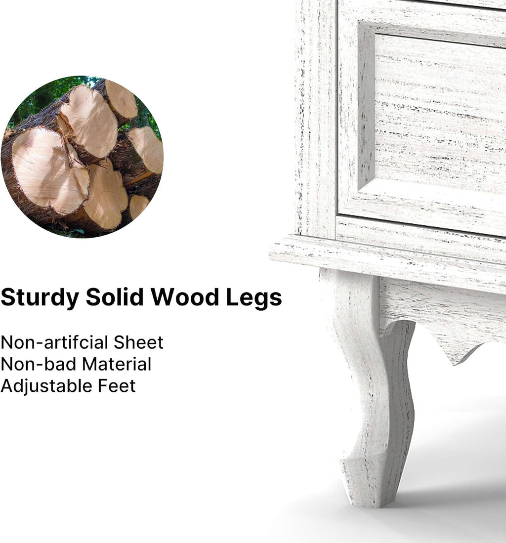 Solid Wood Nightstands Set of 2, Fully Assembled Night Stand with 2 Drawer & Open Shelf Storage, Bedside Table with Charging Station, Mid-Century Modern End Table for Bedroom, White