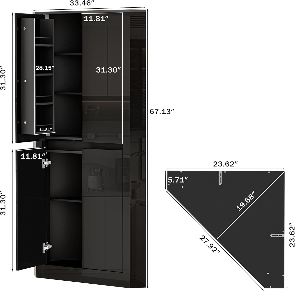 Anbuy 67'' Tall Pantry Cabinet with Led Light, Corner Pantry Cabinet with 4 High Gloss Doors and Adjustable Shelves, Space Saving Storage Cabinet for Food Hutch for Kitchen, Living Dining Room(Black)