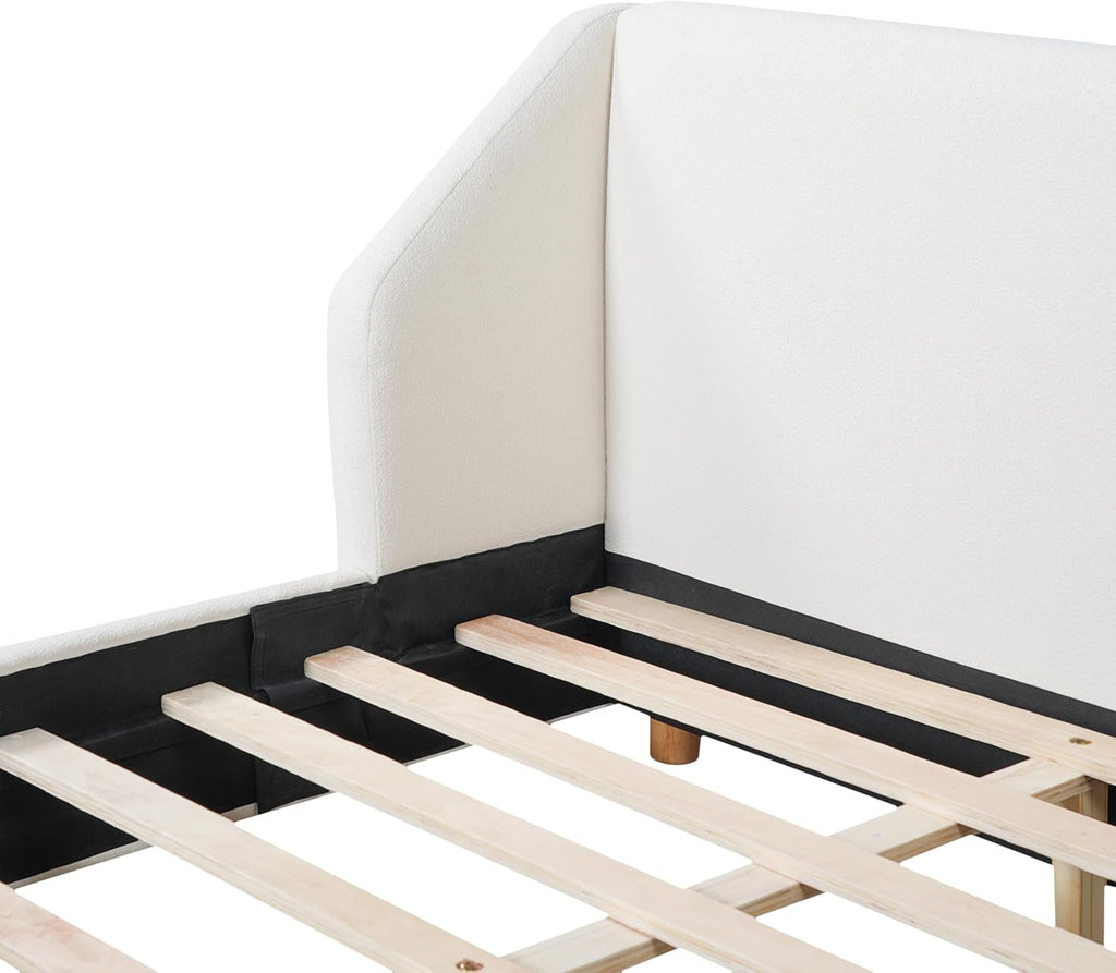 Christopher Knight Home Astry Boucle Upholstered Queen Size Bed Frame with Wingback Headboard, Modern Queen Bed Frame and Headboard, Wooden Slats Support, Easy Assembly, No Box Spring Needed, White