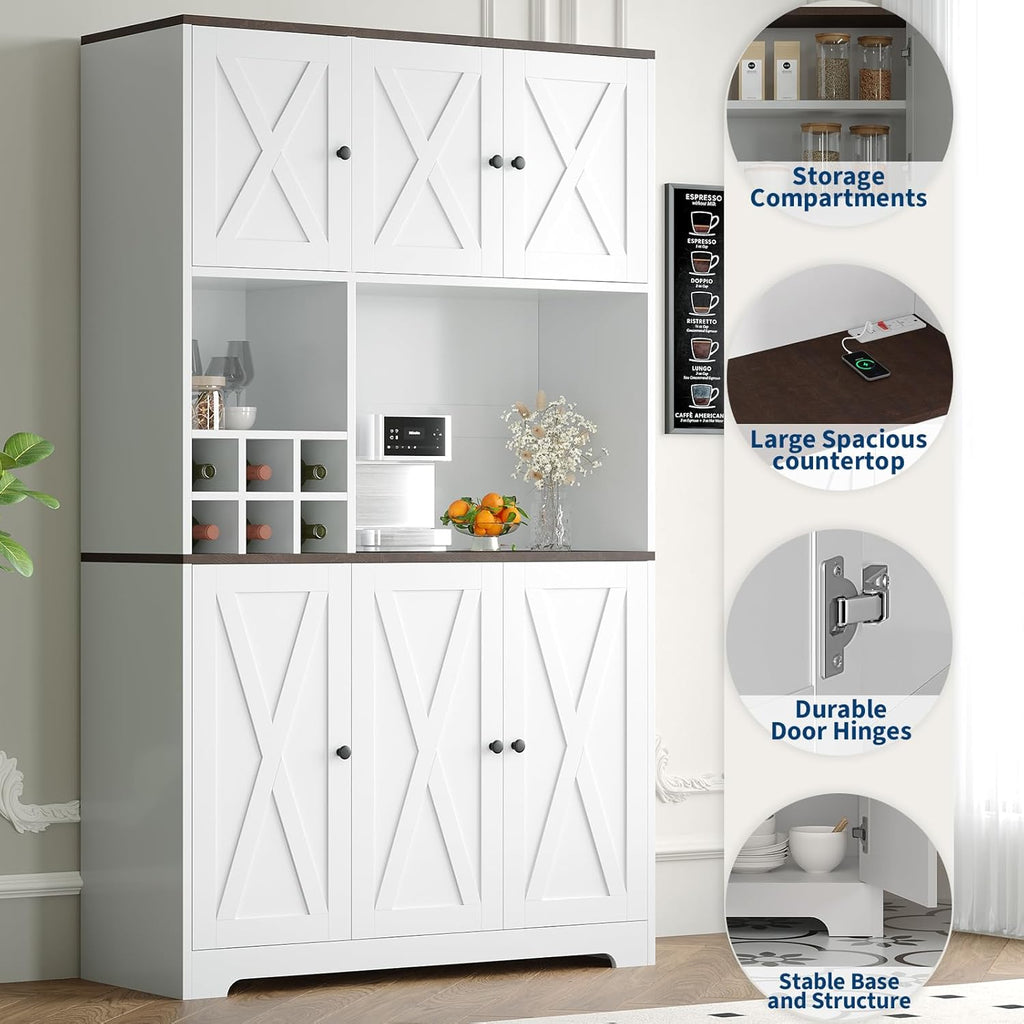 GarveeHome 71 Inch Tall White Kitchen Pantry Cabinet, Modern Farmhouse Kitchen Hutch Storage Cabinet with Wine Rack, Freestanding Coffee Bar Station with Storage for Dining Room, Living Room