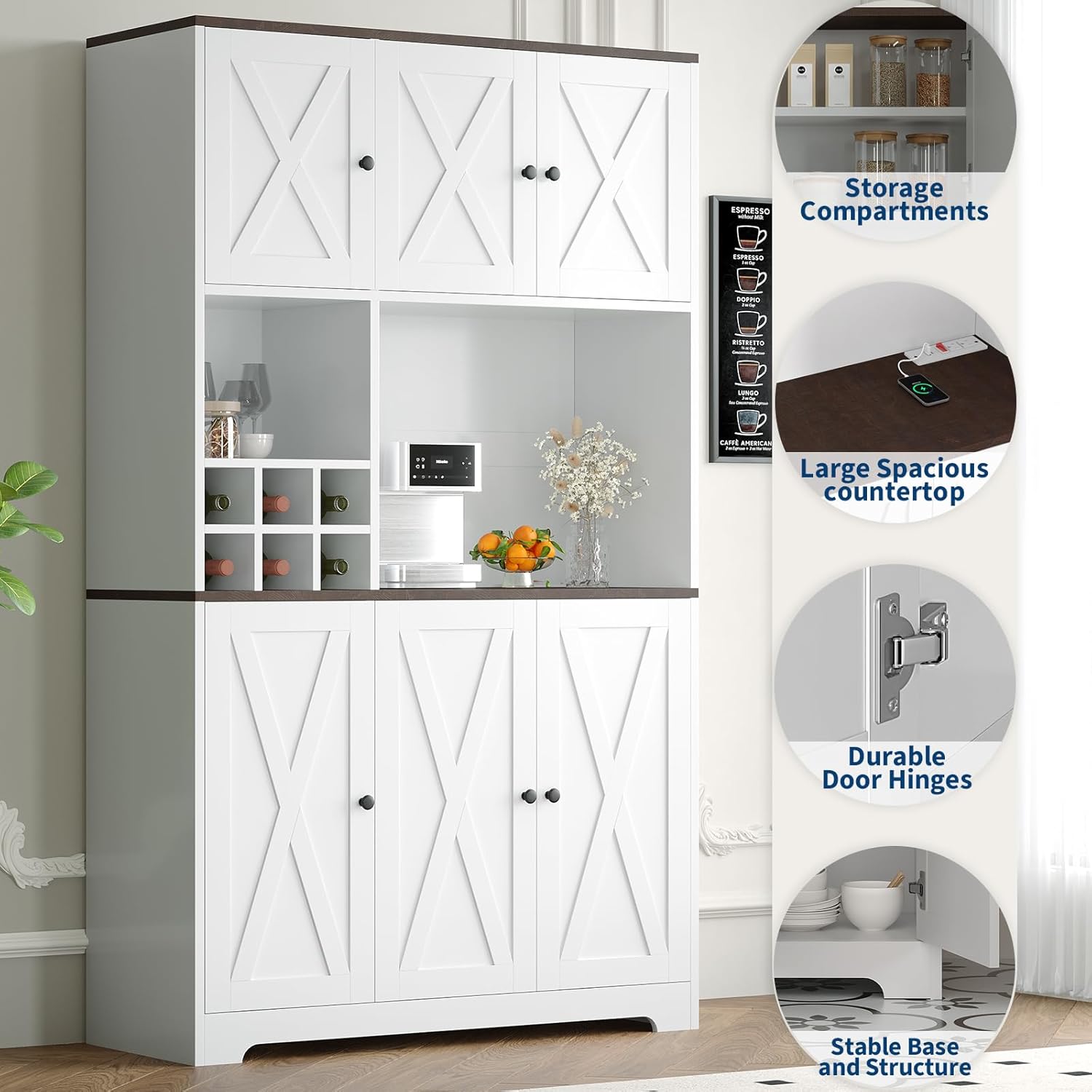 GarveeHome 71 Inch Tall White Kitchen Pantry Cabinet, Modern Farmhouse Kitchen Hutch Storage Cabinet with Wine Rack, Freestanding Coffee Bar Station with Storage for Dining Room, Living Room