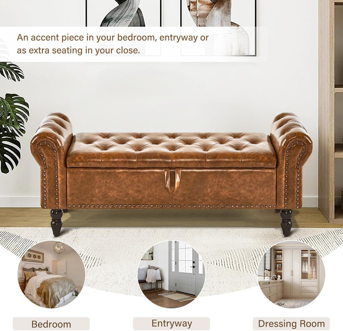 Furnimart Storage Bedroom Bench for End of Bed, Faux Leather Upholstered Storage Ottoman with Rolled Arms for Bedroom,Living Room, Entryway, 2.5Cubic Feet