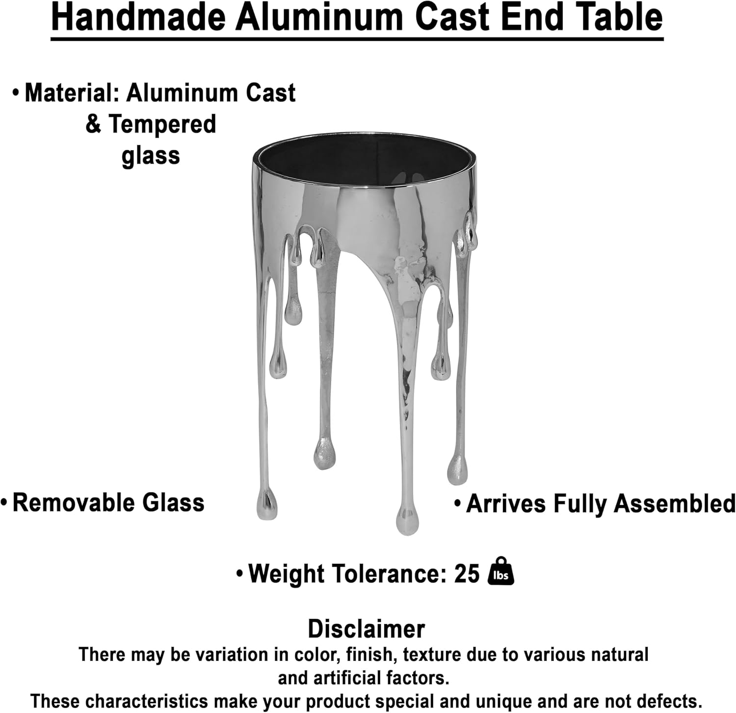 TUP THE URBAN PORT Capri Side End Table, 24.75 Inch Round Glass Top, Silver Finish, Melting Drip Design Base, Modern Glam Accent Table for Living Room, Bedroom and Home Decor Display