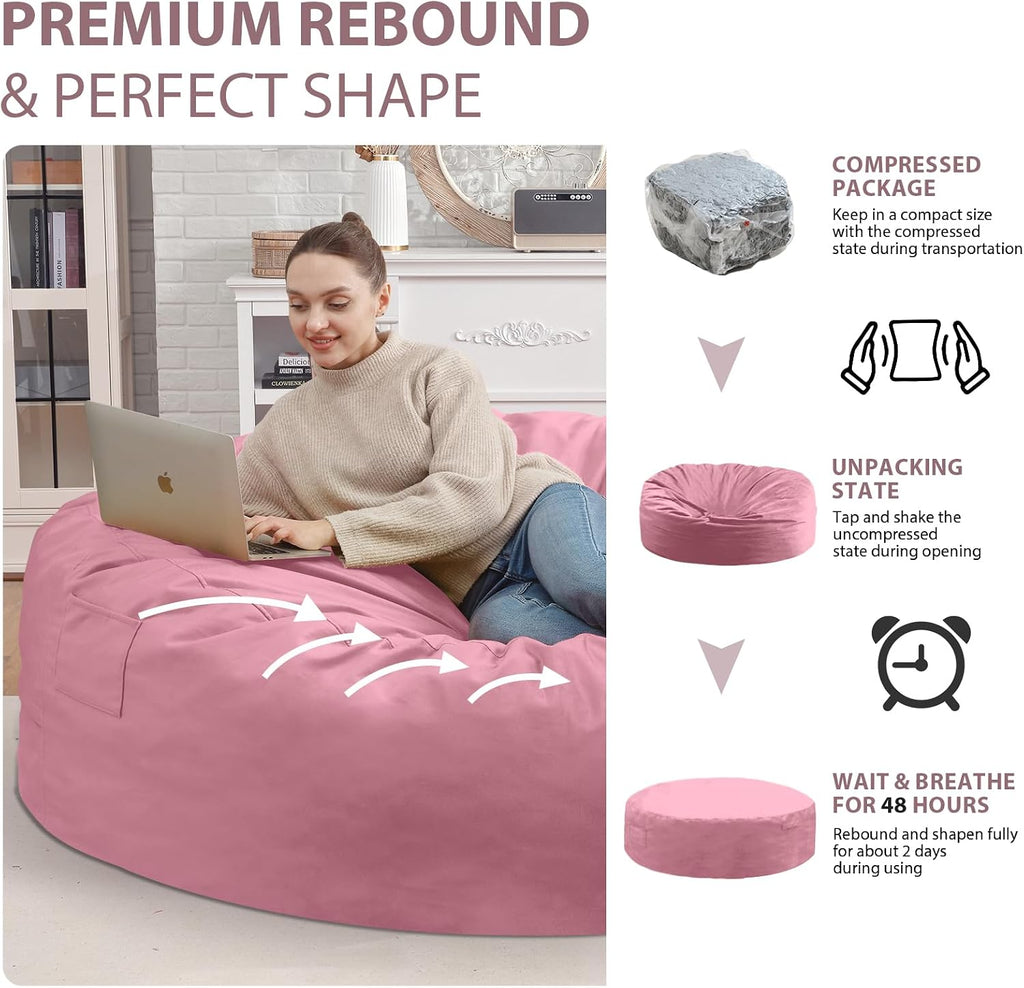 7FT Bean Bag Chair, Large Bean Bag Chairs with Memory Foam Filled, Fluffy Beanbag Sofa with Dutch Velvet Cover, Round BeanBag Chairs for Living Room, Playroom - Dusty Pink