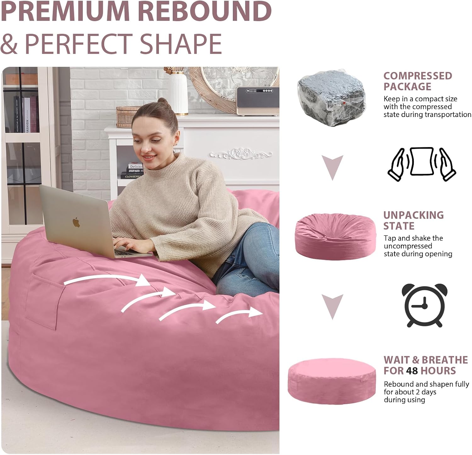 7FT Bean Bag Chair, Large Bean Bag Chairs with Memory Foam Filled, Fluffy Beanbag Sofa with Dutch Velvet Cover, Round BeanBag Chairs for Living Room, Playroom - Dusty Pink