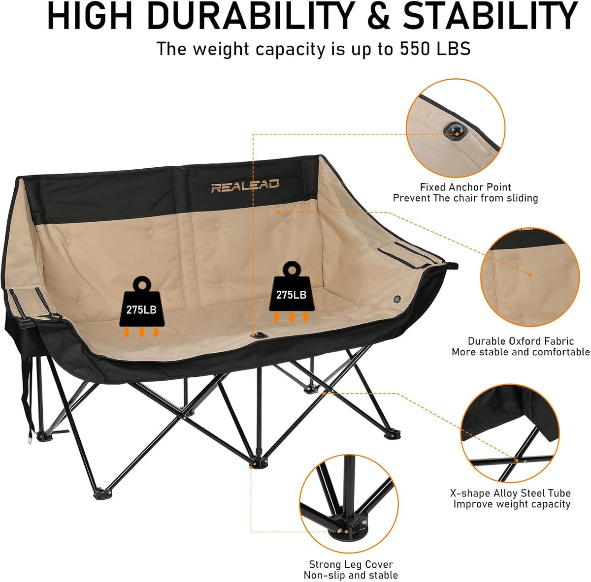 REALEAD Heated Double Camping Chair - Heated Loveseat Camping Chairs for Adults with 3 Heat Levels and 4 Heating Zones - Oversized Heated Chairs Outdoor Sports Supports 650 lbs Battery NOT Included