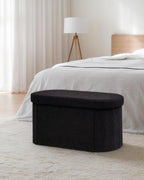 30" Oval Foldable Ottoman with Storage, Teddy Boucle Fabric Footrest, Storage Bench for Living Room, Bedroom, Entryway, Dorm, Black
