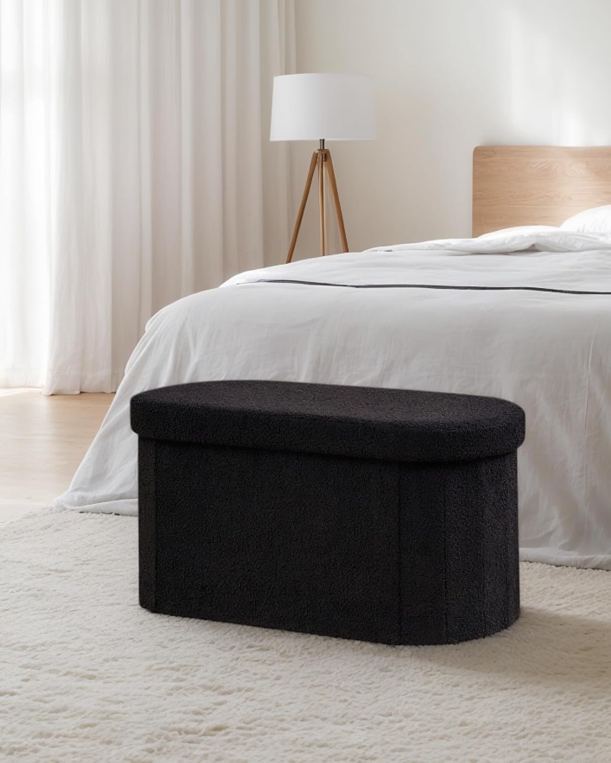 30" Oval Foldable Ottoman with Storage, Teddy Boucle Fabric Footrest, Storage Bench for Living Room, Bedroom, Entryway, Dorm, Black