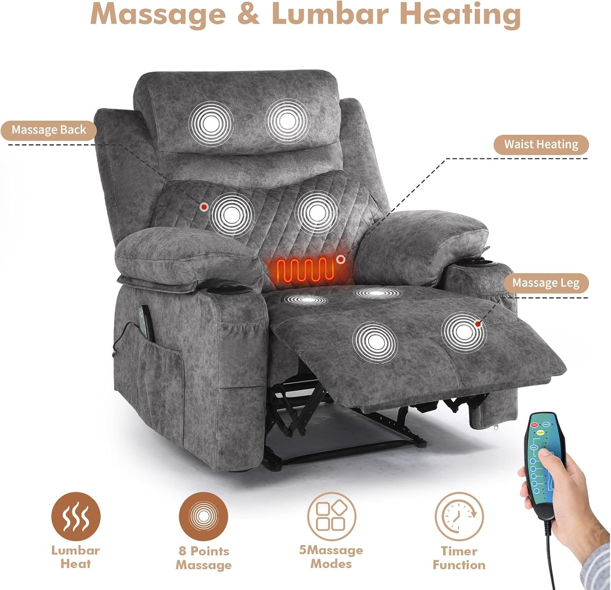 Overstuffed Massage Recliner Chair with Heat, Wide Seat Reclining Chair for Home Theater, Heated Massaging Manual Recliner Chairs with Cup Holders, Grey