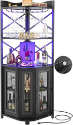 Aheaplus Corner Bar Cabinet with Power Outlet, Industrial Liquor Cabinet | 5-Tiers Wine Cabinet Mini Bar Unit with LED Strip and Glass Holder for Home, Corner Display Cabinet for Small Space, Black