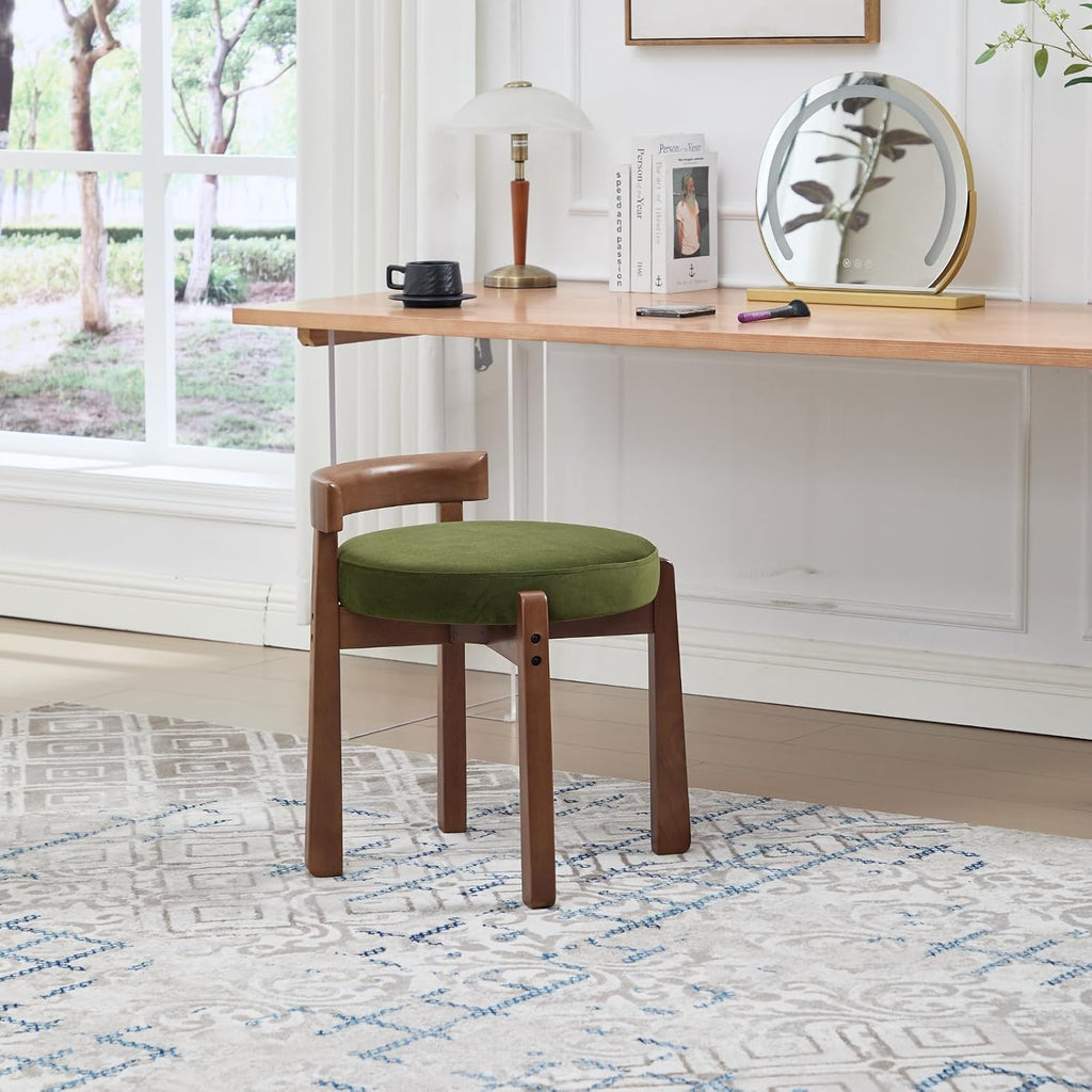 Ya-Home Modern Vanity Chair Upholstered Small Ottoman Footstool, Make Up Stool Velvet Fabric with Backrest Wooden Frame for Living Room Bedrooms, 1PC, Green