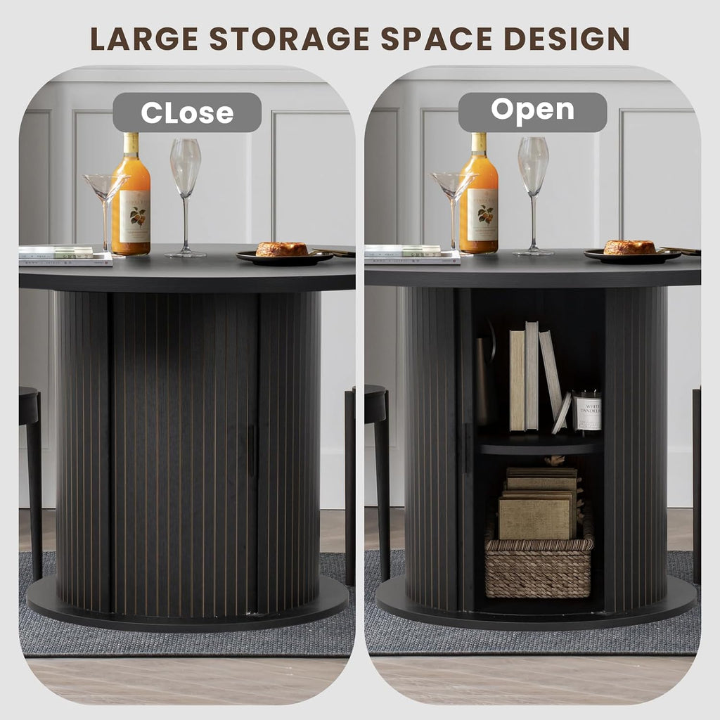 47" Round Dining Table with Hidden 2-Tier Storage Cabinet | Seats 4–6 | Mid-Century Modern Pedestal Base | Space-Saving Kitchen Table for Small Spaces, Black