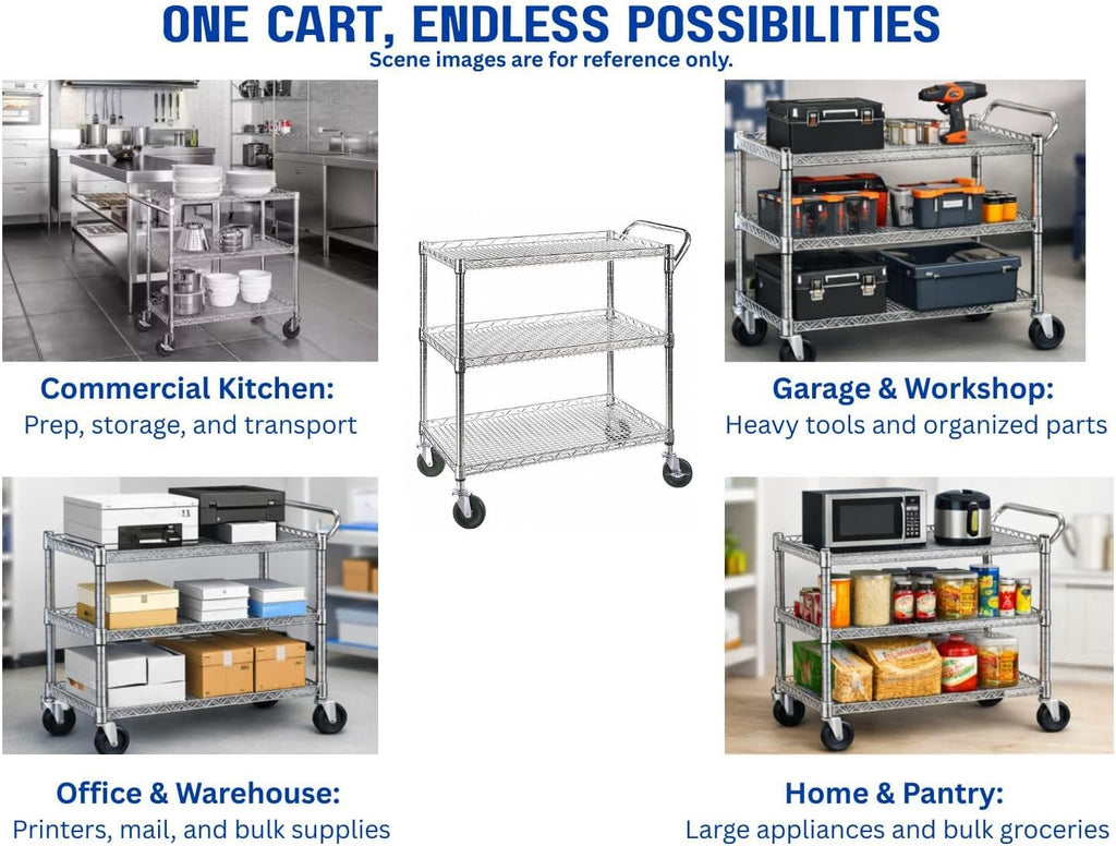 Heavy Duty 3 Tier Rolling Utility Kitchen Cart on Wheels,Large 45"L x 17 1/2"D x 45"H Metal Serving Cart Commercial Grade with Wire Shelving and Handle Bar for Office School Church Kitchen Hardware