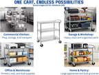 Heavy Duty 3 Tier Rolling Utility Kitchen Cart on Wheels,Large 45"L x 17 1/2"D x 45"H Metal Serving Cart Commercial Grade with Wire Shelving and Handle Bar for Office School Church Kitchen Hardware