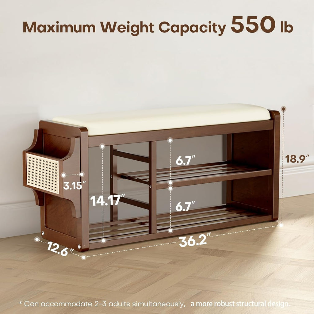 Solid Wood Shoe Bench with Leather Cushion, Shoe Storage Organizer with Side Holder, Shoe Rack Bench for Entryway, Hallway, Living Room, Mudroom, Holds Up to 550lb (Walnut, 39.4"W*12.6"D*18.9"H)