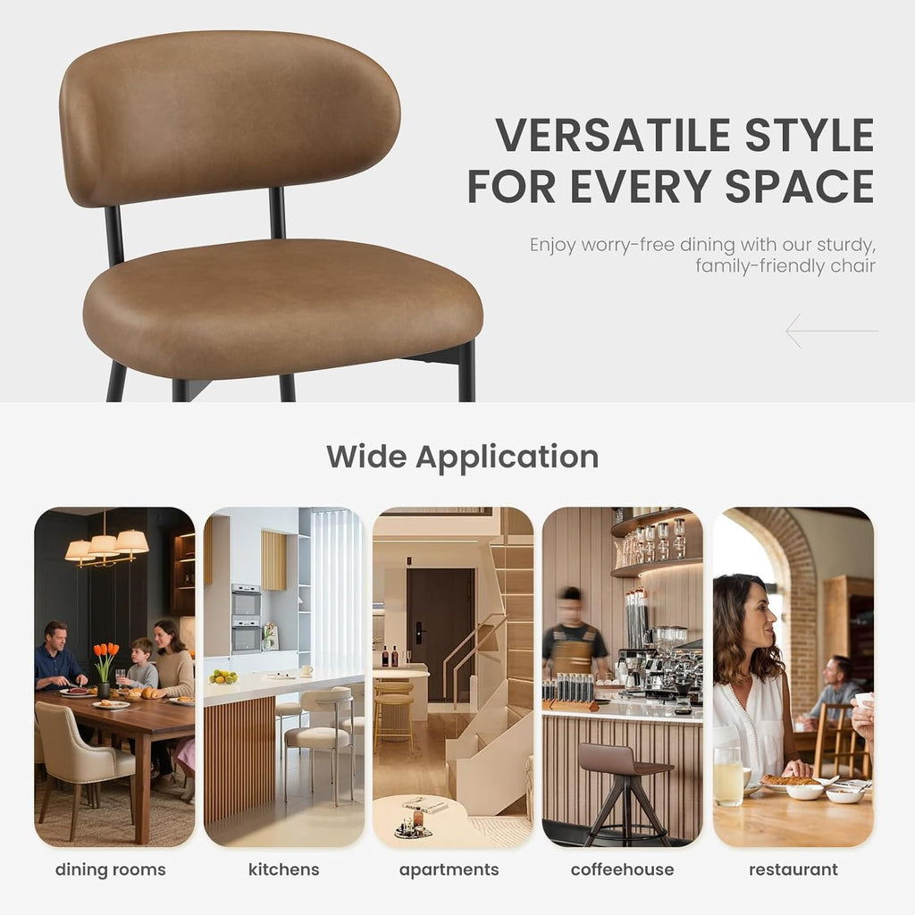 Upholstered Dining Chairs Set of 6, Modern Faux Leather Kitchen Chairs with Curved Backrest and Cushioned Seat, Sturdy Metal Legs, Modern Dining Chairs for Kitchen Dining Room, Living Room,Brown