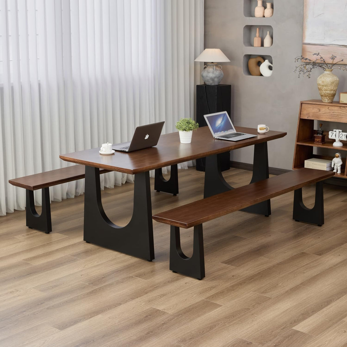 Walnut Color Long Bench Solid Wood Top Metal Legs U-Shaped Design Durable Sturdy Dining Bench Ideal for Office Home Restaurant Patio Multiple (Bench, 78.74in)
