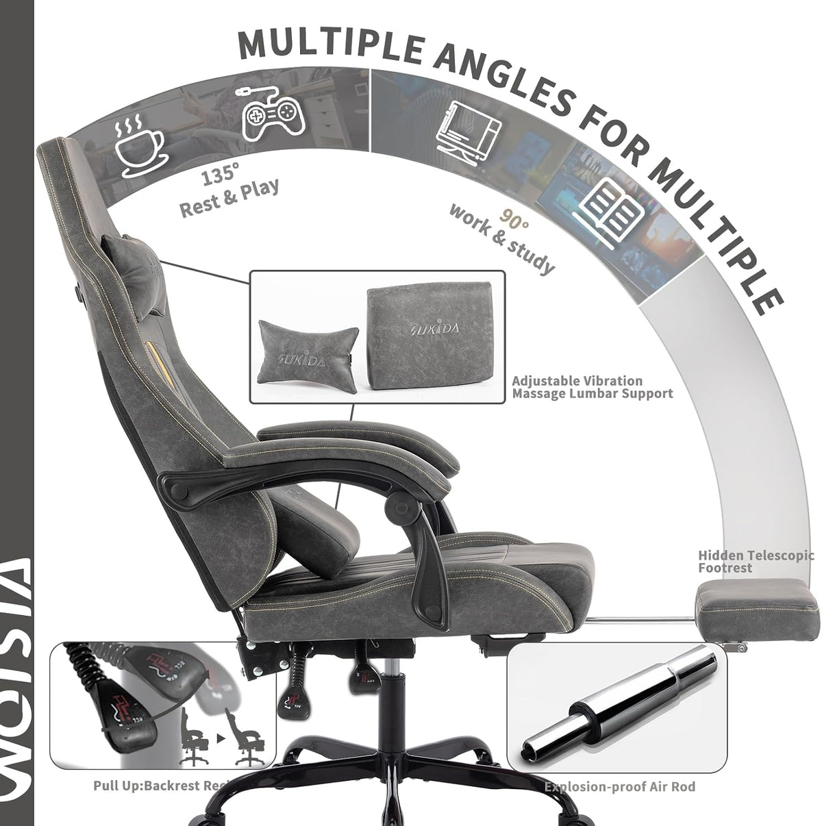 Gaming Chair with Footrest Ergonomic Computer Chair Massage Lumbar Cushion, Racing Video Game Chair Adjustable Rocker Recliner Executive Office Desk Chair Pu Leather for Adults, Grey