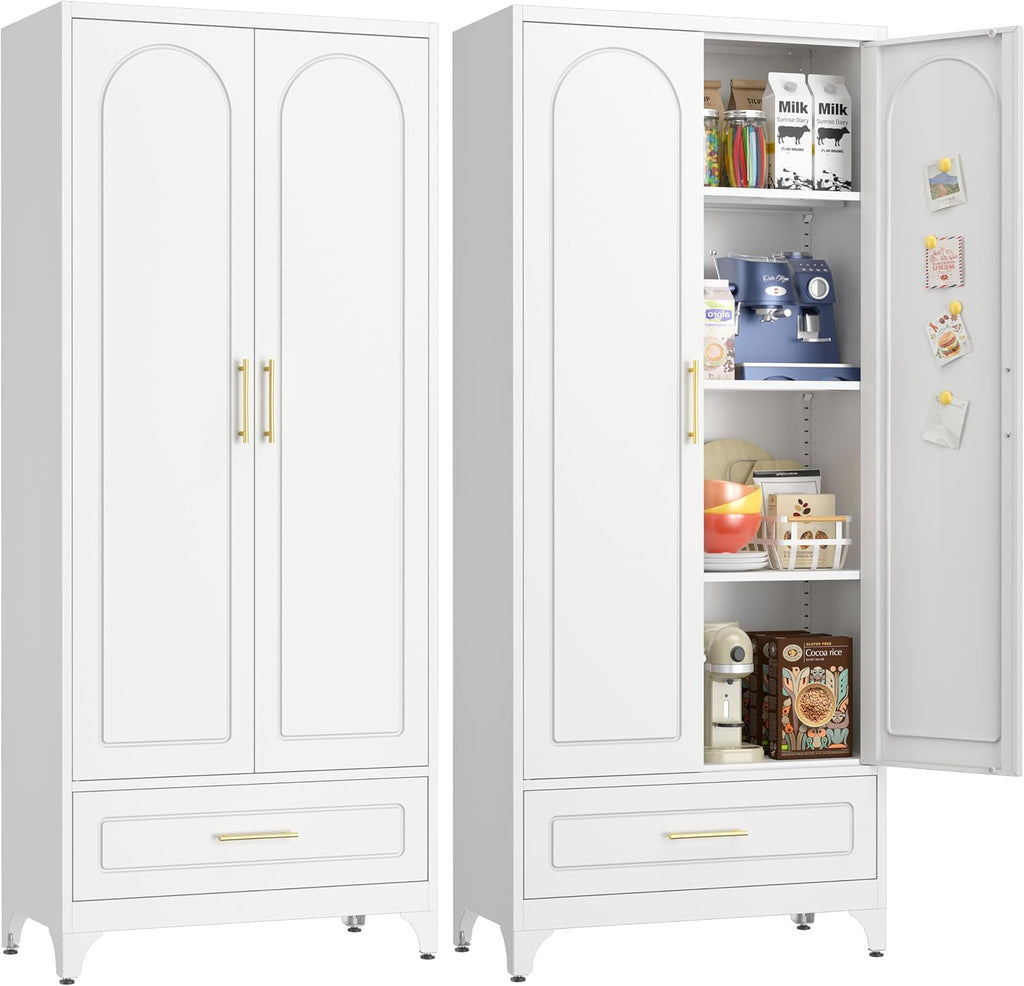 UNICOLY Pantry Kitchen Cabinet with Drawer, 75" Tall Pantry Storage Cabinet | , Metal Storage Cabinets with Doors and Shelves, Large Freestanding Cupboard for Dining Room, Assembly Required, White