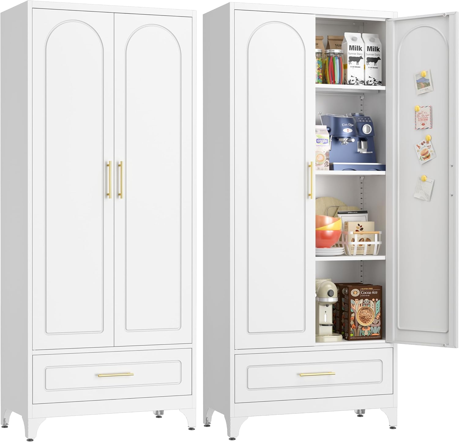 UNICOLY Pantry Kitchen Cabinet with Drawer, 75" Tall Pantry Storage Cabinet | , Metal Storage Cabinets with Doors and Shelves, Large Freestanding Cupboard for Dining Room, Assembly Required, White