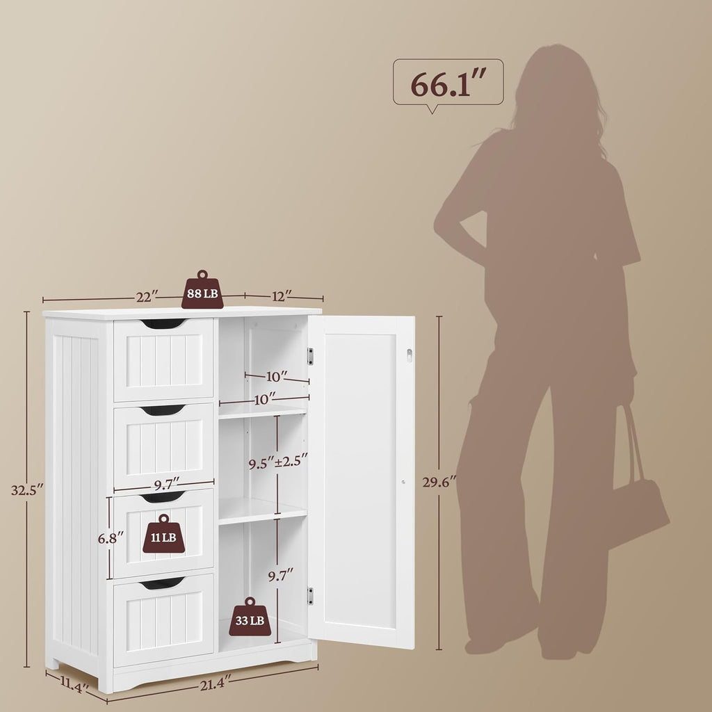 Yaheetech Small Bathroom Storage Cabinet with 4 Drawers & Door, White | Floor Cabinet Organizer for Hallway, Living Room, 3-Position Adjustable Shelf, Beadboard Detail, MDF, 12"D x 22"W x 32.5"H