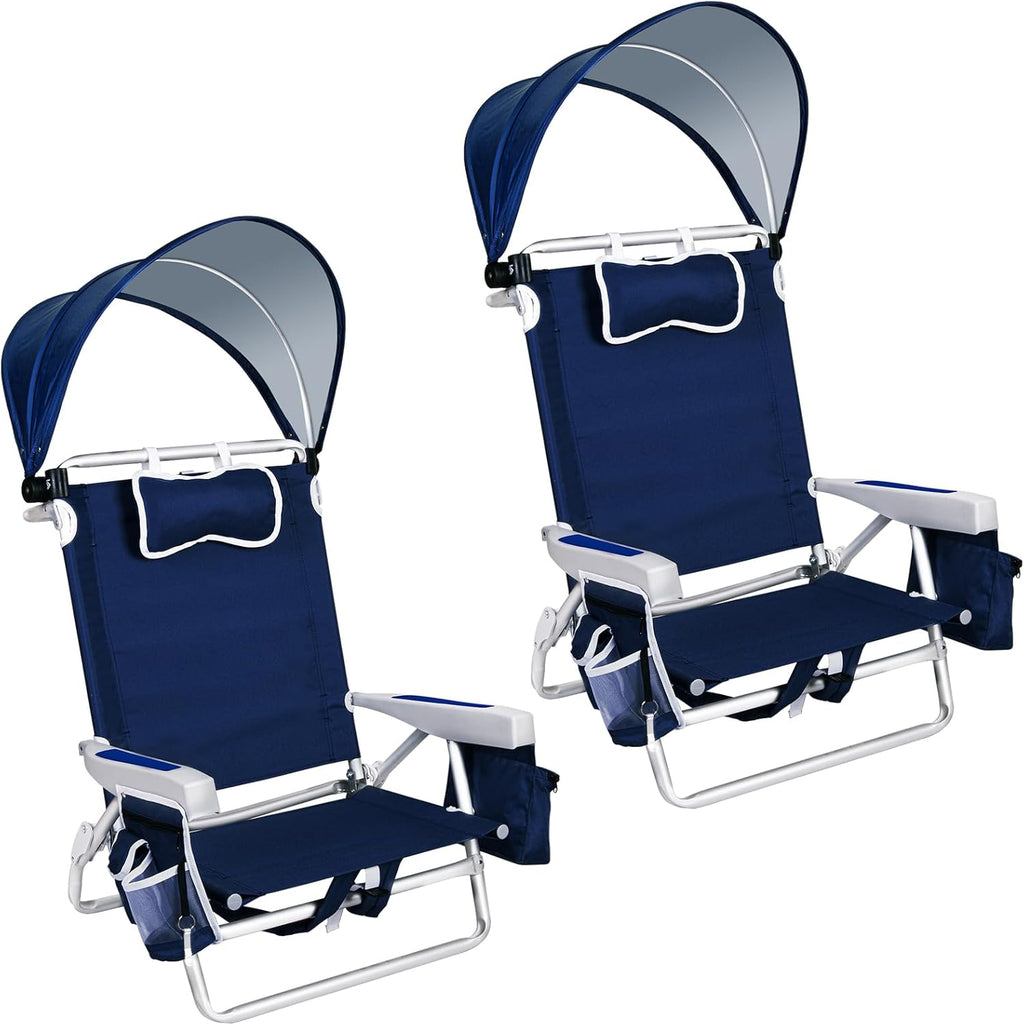 Romswi Extra Wide Beach Chair with Canopy Shade, 2 Pack Aluminum Folding Chairs with Detachable & Adjustable Umbrella, 5-Position Lay Flat, Cooler Bag, Cup & Phone Holder, Towel Bar, Navy Blue
